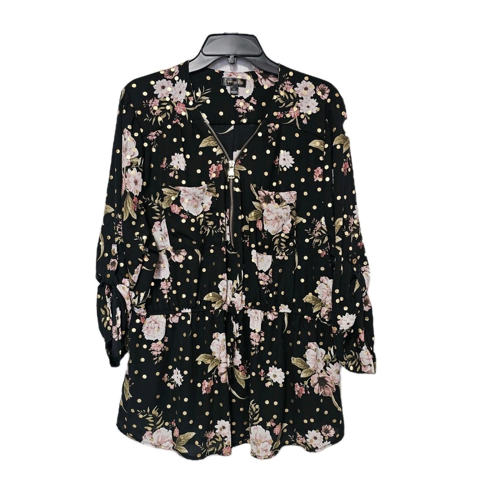 Orange Kiss Women's 2X Blouse Black‎ Floral Gold Zip Tunic Elastic Tie Waist EUC